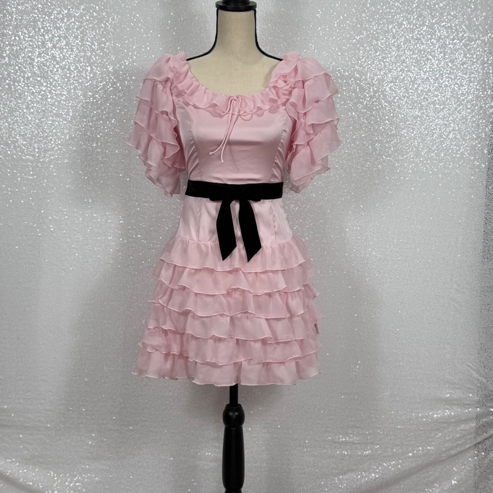 For Love & Lemons Danali Ruffle Pink Ruffle Mini Dress with Black bow - Picture 4 of 16